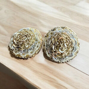 Vintage Three Tone Metal Chain Dome Earrings - Clip On